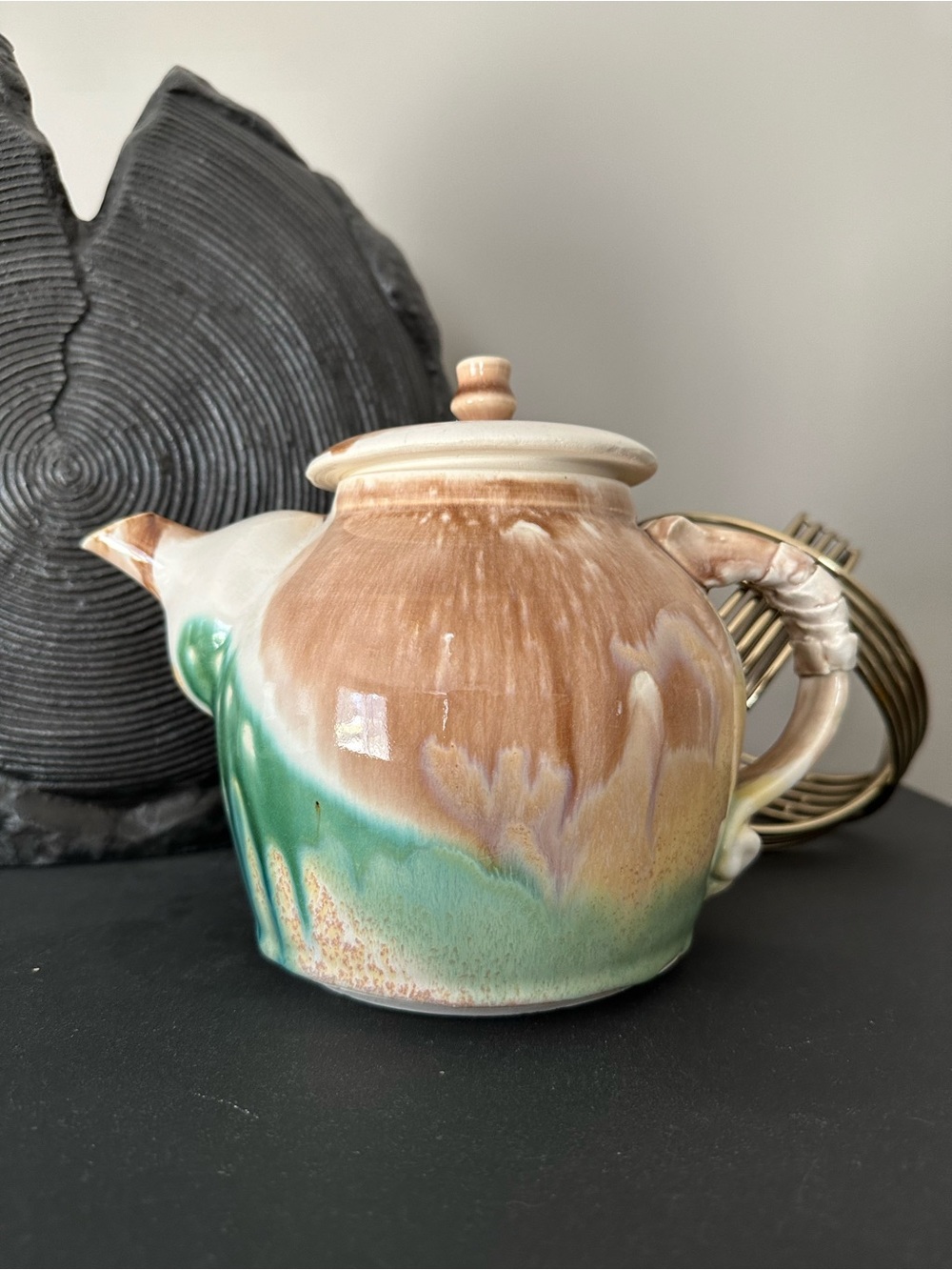 Glazed Ceramic Teapot in Earthy Brown and Green